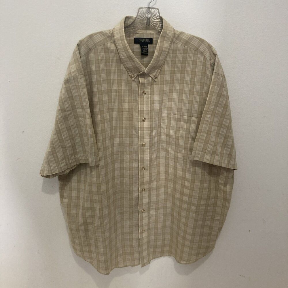 CAMBRIDGE CLASSICS tan plaid short sleeve button down shirt XXL